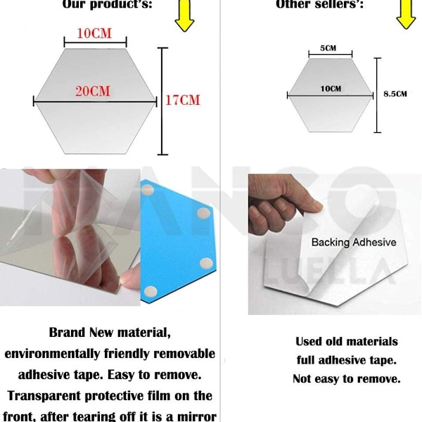 Set med 12 hexagonala akrylväggdekaler och plast-spegelplattor för hemdekoration