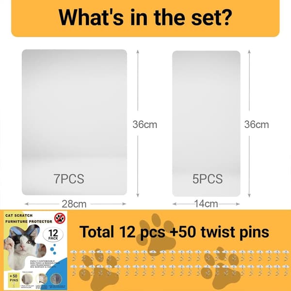12-pack Scratch Protector / Sofa Protector for Scratch Marks with 50 Pins - Furniture Protector and Protective Mat for Cat Claws