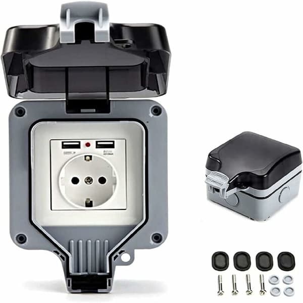 IP66 Waterproof Socket with USB Connections Outdoor Power Outlet with Cover Wall Socket Box for Garden Garage Pool