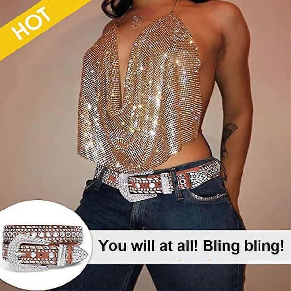 Rhinstensbælte til kvinder Cowgirl Bling Nittet læderbælte til jeans