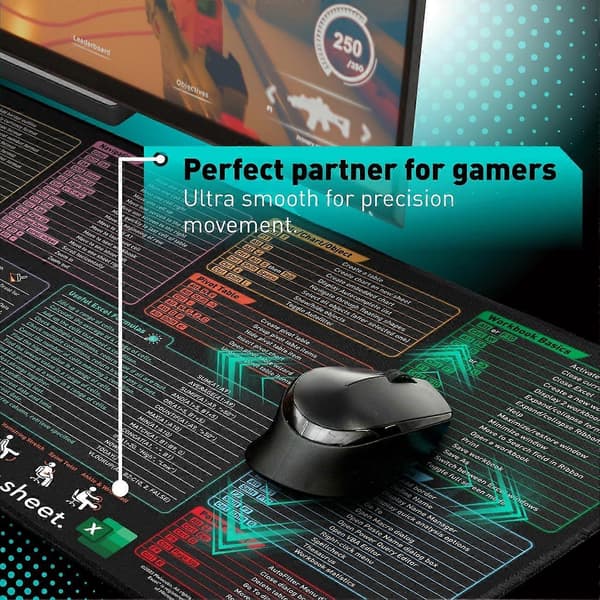 Excel Keyboard Shortcuts Mouse Pad - Extended Large XXL Cheat Sheet Gaming Mouse Mat | PC Office Spreadsheet Keyboard Mat | Non-Slip Stitched Edge
