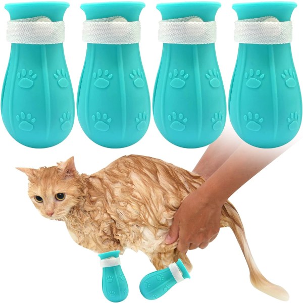 4 Blue Non-Slip Boots for Cats, Adjustable Cat Claw Protection