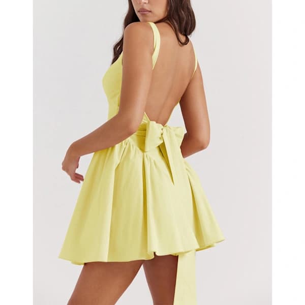 Strapless Dress Solid Color Backless Bow Open Back Mini Dress for Parties Proms Everyday Light Yellow M