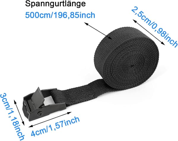 4 spændestropper 5m med spændelås, 25mm rem, Sort cykel