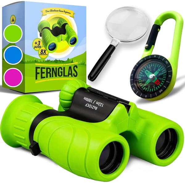 Kids Binoculars with High Magnification (8 x 21) - Complete Set with Magnifying Glass & Compass