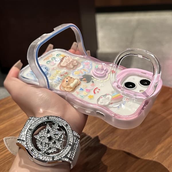Compatible with iPhone Case, Cute Water Wave Frame 3D Bear Rabbit Stand Soft Shockproof Protective Phone Case (Pink, iPhone 15 Plus)
