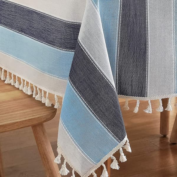 Striped Tassel Tablecloth, Stitched Rectangular Cotton Linen Tablecloth, Table Cover for Kitchen Dining Tabletop 137 x 305 cm Blue
