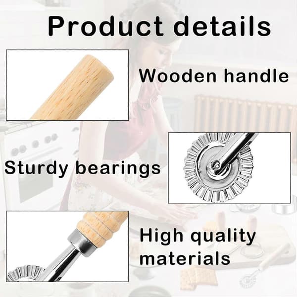 Cutting wheel, roller with grooved edge, dough cutter, long wooden pasta making accessories, cake baking tool