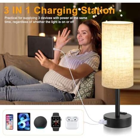 Dimmable Touch Bedside Lamp, Table Lamp with USB A+C+ Charging Port, Linen Shade, Lamp for Bedside Table, Living Room, Bedroom,