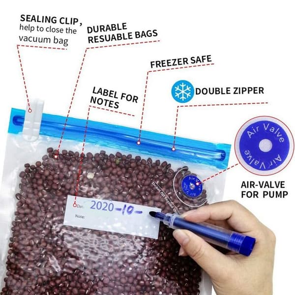 Sous Vide 20-pack återanvändbar elektrisk vakuumförvaring för mat, spara spis med 1 handpump, 3 storlekar förseglad påse, 4 klämmor