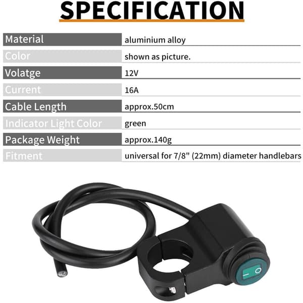 12V Universal 22mm Handlebar Motorcycle Headlight Fog Light ON/OFF Switch Waterproof