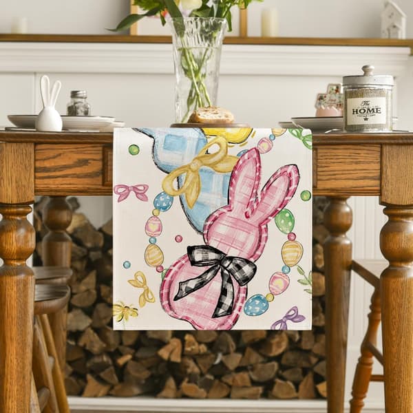 Floral Bow Bunny Egg Easter Table Runner, Spring Kitchen and Dining Table Decoration, 33x183 cm