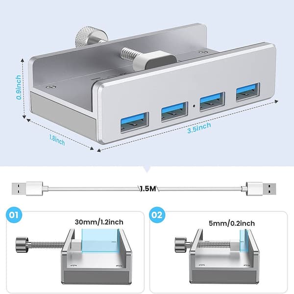USB 3.0 Hub Klemmeadapter, 4-porters aluminium USB-splitter med