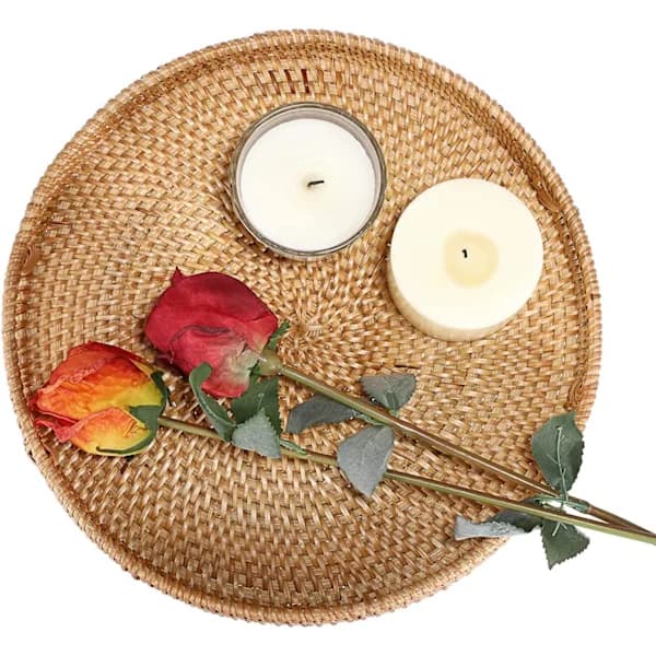 Round Woven Rattan Serving Tray with Handles for Coffee, Drinks, Breakfast, Tea, Candles
