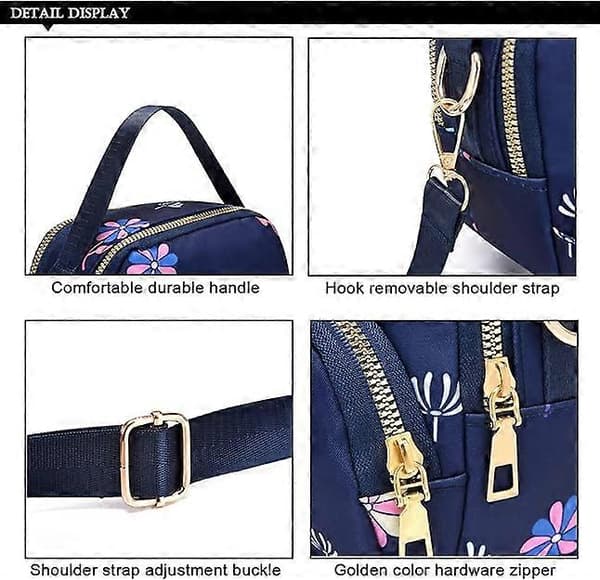 Women's Crossbody Mobile Phone Bag, Nylon Wallet Shoulder Bag, 3-Layer Zipper Cell Phone Pouch with Adjustable Strap (Color Pattern)