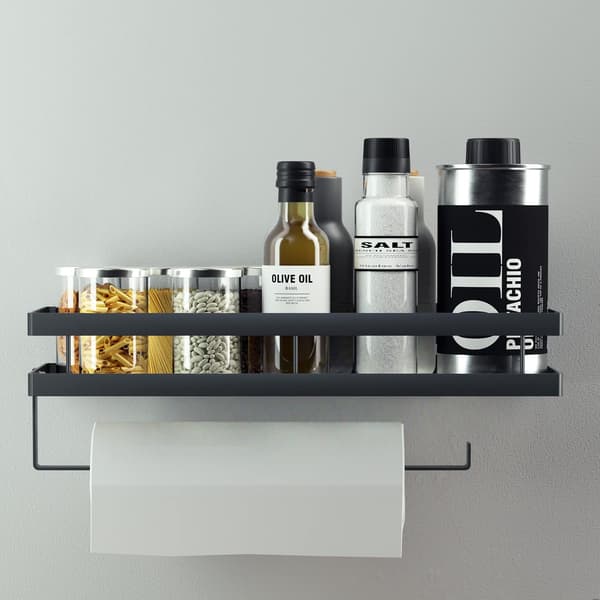Wall-mounted spice rack without drilling, hanging spice rack with paper towel holder and 4 removable hooks, 35 cm Black