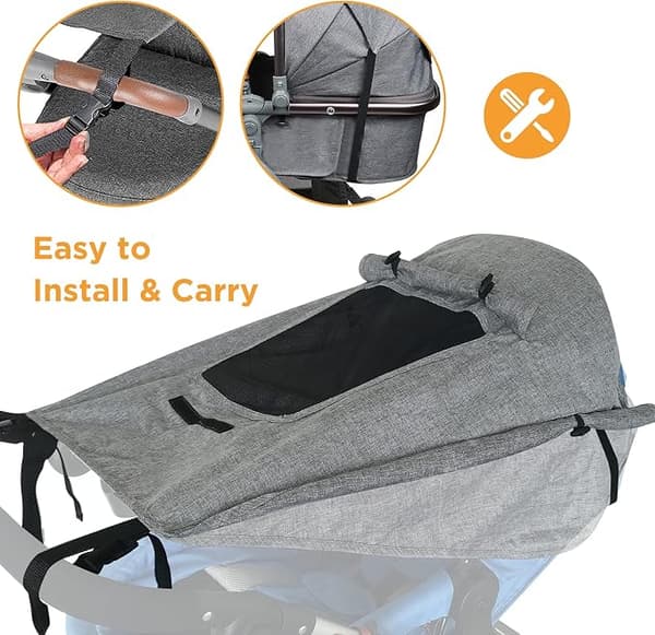 Universal Grey Sunshade for Stroller Sun Canopy for Pram Carrycot UV 50+ Adjustable Sun Visor Cradle with Storage Bag