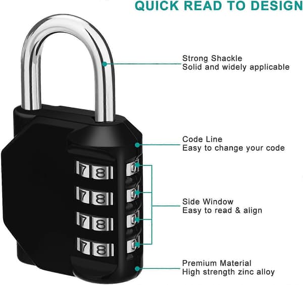 Combination Padlock, 4 Digit Coded Padlock, Gym Lock, School Locker Lock, Weatherproof Outdoor Combination Lock (Black) black black