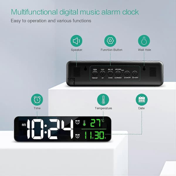 Large Digital Alarm Clock with Display, LED Bedside Clock, Electric Desk Clocks with Mirror, with Date, Time and Temperature Display