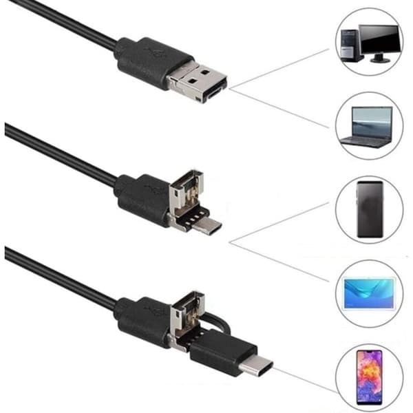 3-i-1 endoskopkamera med HD vanntett linse og LED-lys for Android-telefoner
