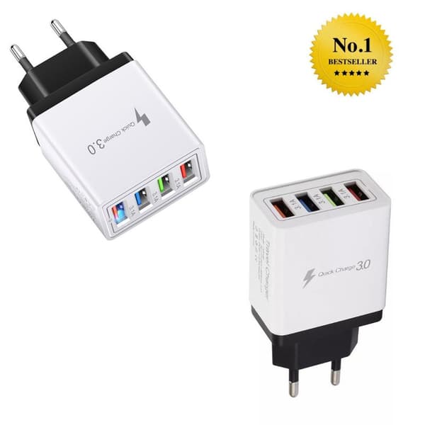 USB-oplader Hurtigopladning 4 porte Sort Hvid