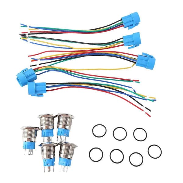 5 Pcs Metal Push Button Switch 12v 19mm Ring Lamp Power Symbol Waterproof LED Light Self-locking Reset with Connector