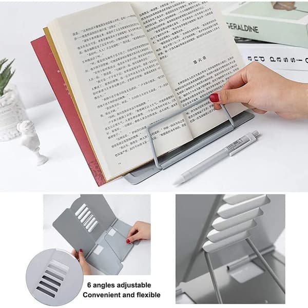 Reading Shelf Bookend 6 Tier Adjustable Metal Folding Cookbook Stand Book Stand for Adults Children Kitchen Study Office School Work (Grey)