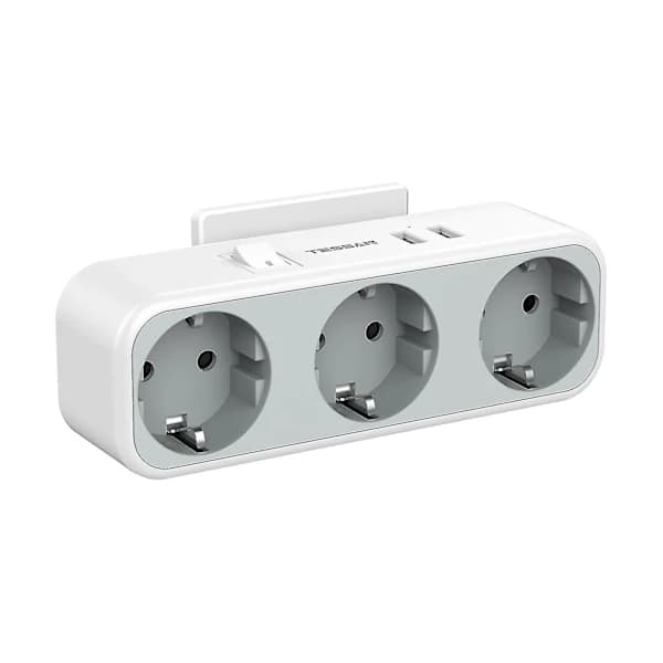 Wall-mounted power strip adapter 3-way with 2 USB ports and switch, 3 sockets Europe plug for outlets, multiple plug for outlets and USB ad...