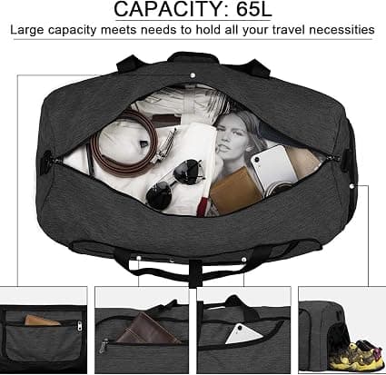 65L Black, Foldable Duffle Bag for Men, Water-Resistant, Large, Lightweight