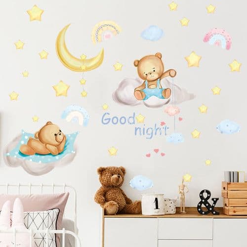 Bear Sleeping on Moon and Stars, Wall Decals for Kids, Nursery