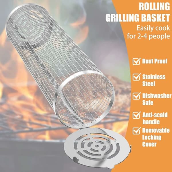 Pyörivä grillikori, ruostumaton BBQ-grilli, grillikorit koukulla (1 kpl)