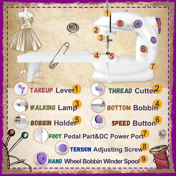 Portable Sewing Machine with Extendable Table and Lamp, Mini Handheld Sewing Machine with Improved Switch
