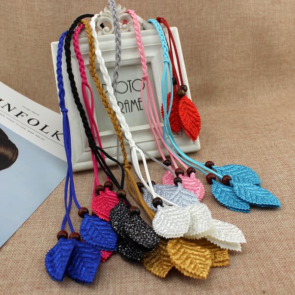 Vævet slipsesnor, bladpaljetkjolekæde (rød), bæltegavebælte, dame boho vævet perlet tyndt taljebælte, selvbundet bælte