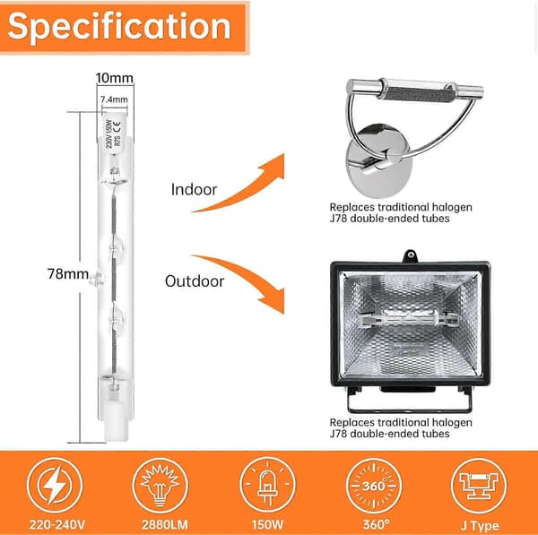 6-pakning r7s halogenlampe 118mm 230w varmhvit flomlys j118