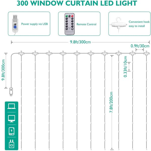 Gardinlys, 3x3m 300 LED-lys, Fjernkontroll T