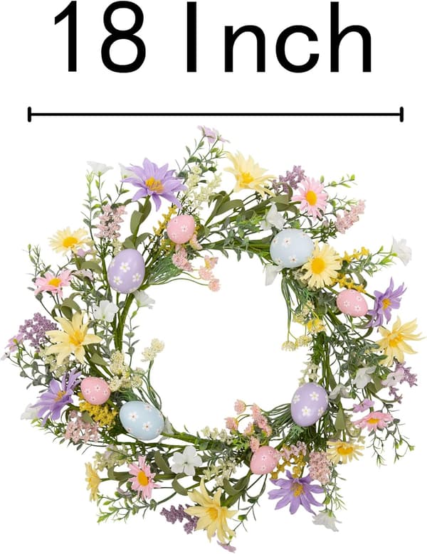 45 cm Easter Wreath with Pastel Eggs Front Door Artificial Easter Egg Wreath Spring Door Wreath with Wildflowers and Pastel Eggs Home Easter Decoration