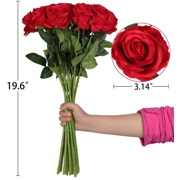 Kunstige silkeroser, røde silkeroser med stilk, blomsterbukett, bryllupsfestdekorasjon, 10-pakning (rød)