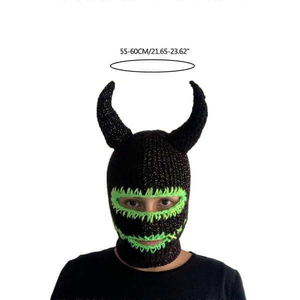 Handstickad Balaclava-mössa för tonåringar Stickad Pullover-mössa Cosplay-dräkt Hornmössa Utomhusaktivitet Vandring Skidmössa blå grön blue green