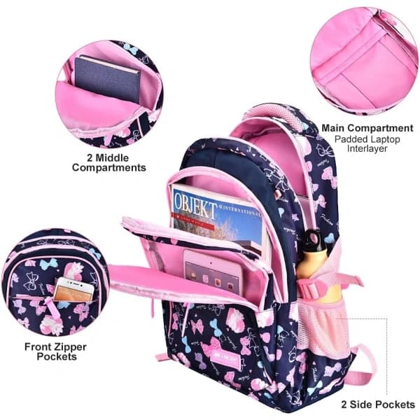 Elementary School Girls Backpack - 3-Piece Set with Lunch Bag and Pencil Case (Blue)