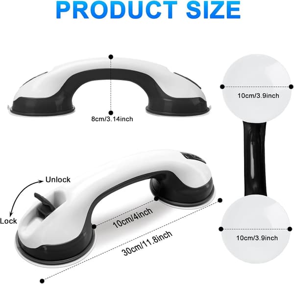 Shower Handle 2-Pack 30 cm Grab Rails, Bathroom, Bathtub, Safety Grip with Strong Suction Cup Mount