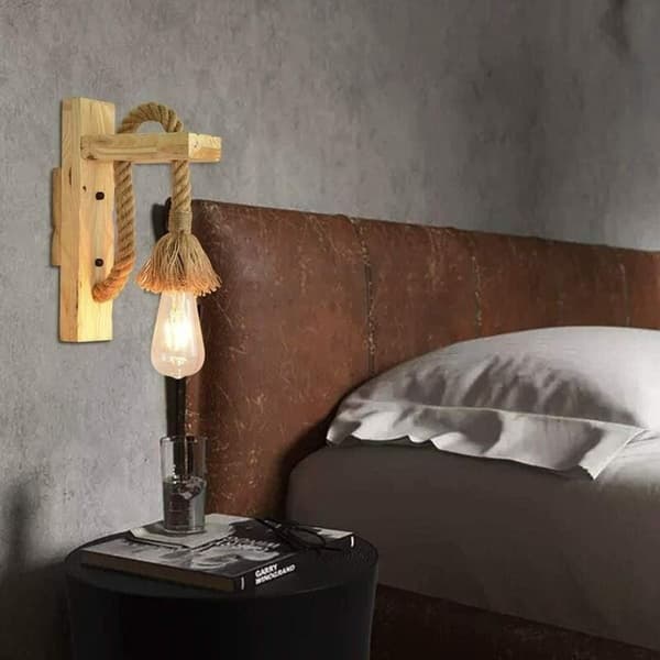 Industrial LED Wall Lamp, Decorative Wooden Hemp Rope Wall Light for Cafe