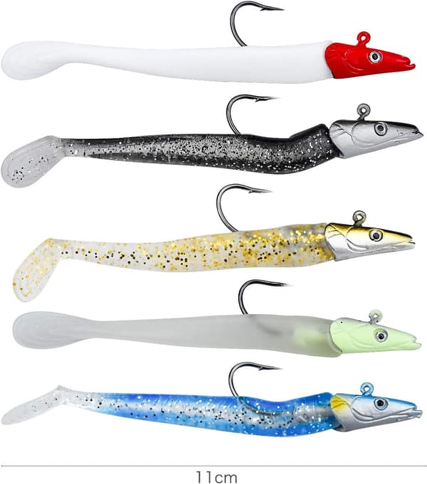 5 stk. havfiskeblink, 11 cm bløde fiskeblink med T-
