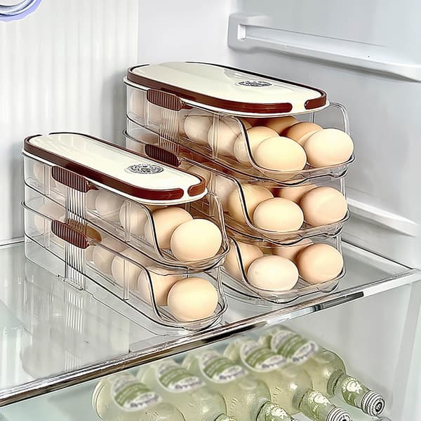 Portable Egg Holder for Refrigerator, Egg Container with Automatic Roll, 3 Tiers (1 Piece)