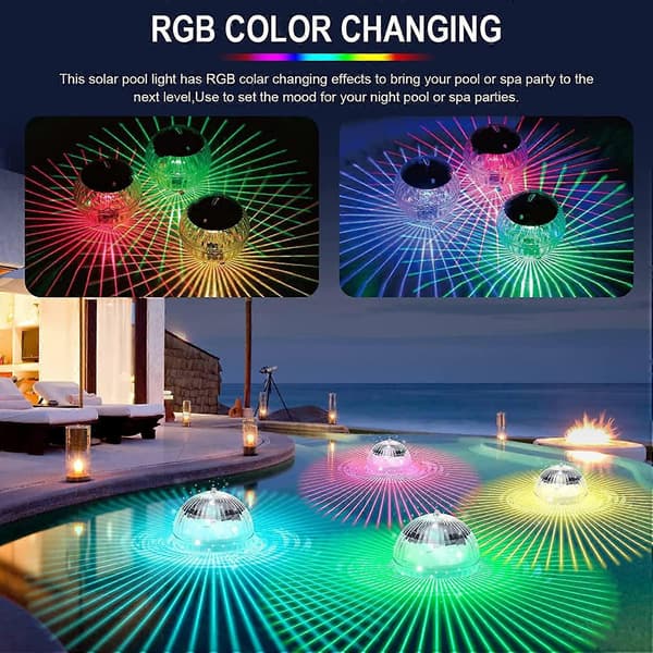 Flydende solcellelamper til pool, Diskolamper med RGB-farveskiftende vandtæt design