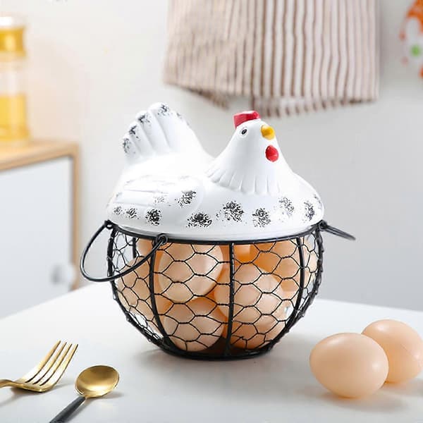 2025 Egg Basket, Iron Wire Egg Holder, Egg Collection Basket for Countertop with Ceramic Lid for Collecting Fresh Eggs White