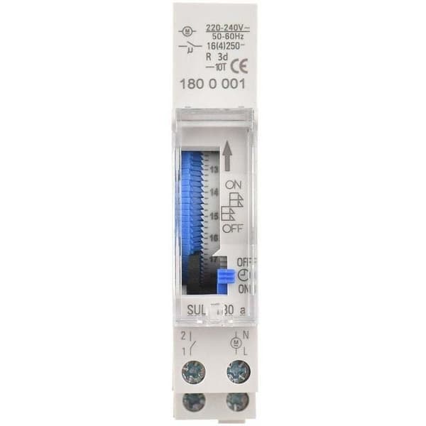 24-timers mekanisk timer, 15 minutter minimum, DIN-skinnemontering, indbygget batteri, SUL180a AC220-240V, grå