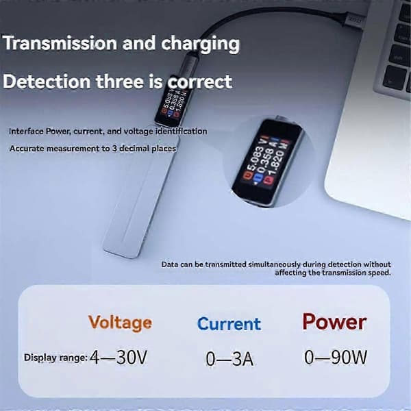3-i-1 USB Spenning Strøm Effektmåler Tester 4-30V 0-3A 90W for Hurtigladeenheter