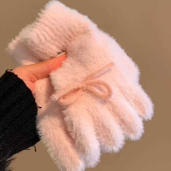 Strikkede plys-handsker, sød vinterstil med sløjfe, fingerløst design til beskyttelse mod forfrysninger_yux Blå Blue