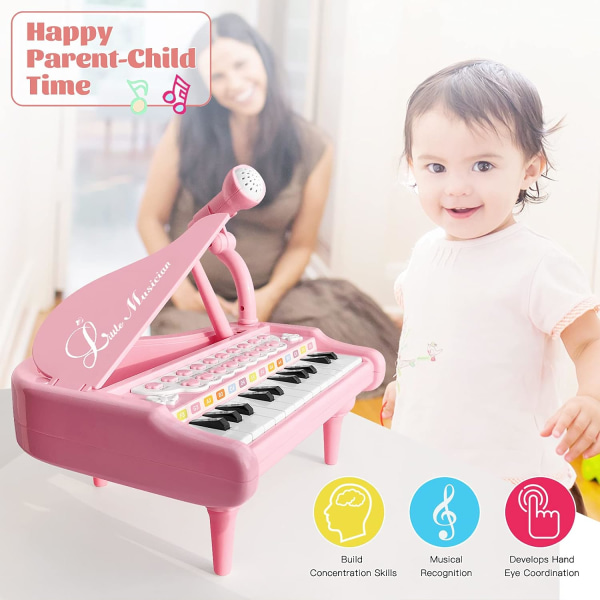 Pianoleksaktangentbord för barn Födelsedagspresent Ålder 1+ Rosa 24 tangenter Toddler Pianomusikleksaksinstrument med mikrofon