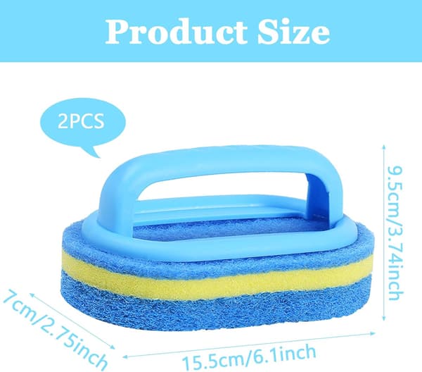 2-pack cleaning sponge brush with handle, thick reusable scrubbing brush for bathroom, kitchen, bathtub, sink, tiles, blue 15 x 9.5 cm